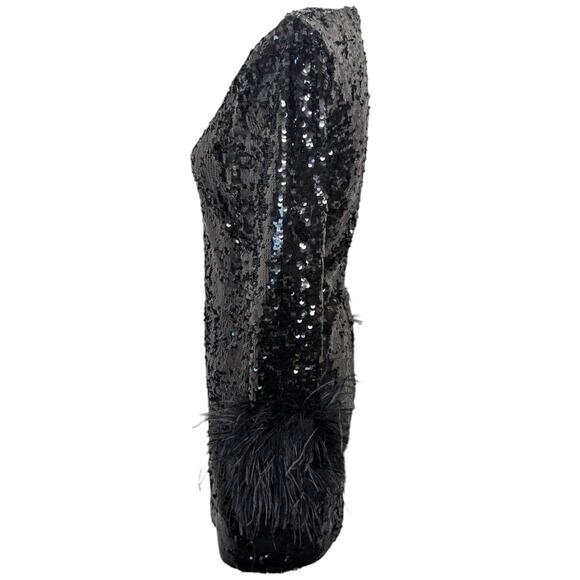 Alice + Olivia Delora Black Sequin Feather Mini Dress US 8 Party Cocktail - Picture 2 of 8